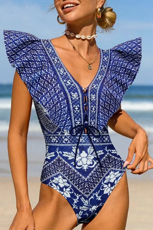 Trajes de baño sexis estampados con retazos, sin espalda y con cinturón (con relleno)