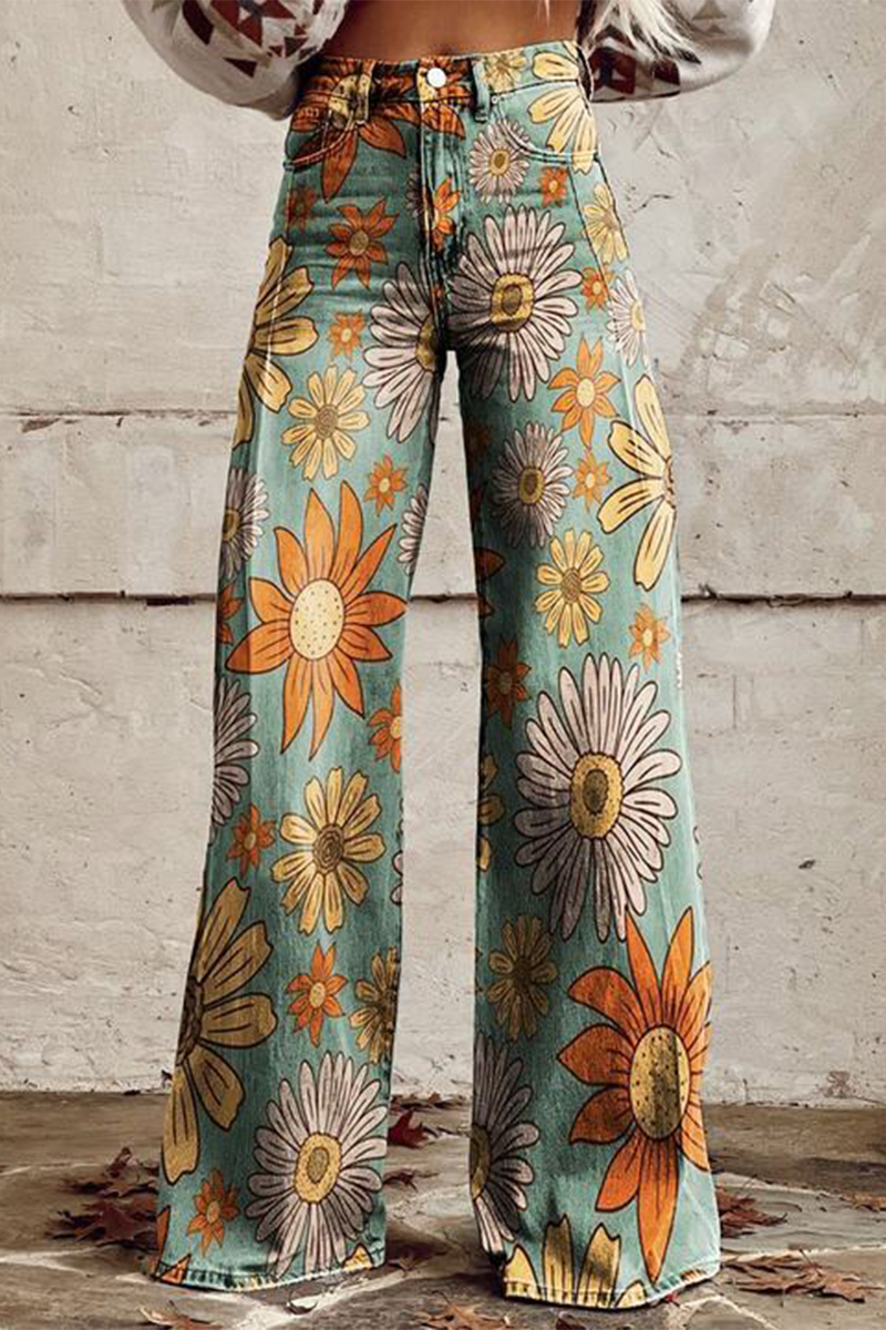 Pantalón de pierna ancha con estampado geométrico, animal y floral, botones y contraste de color, informal, holgado y de talle alto (10 colores)