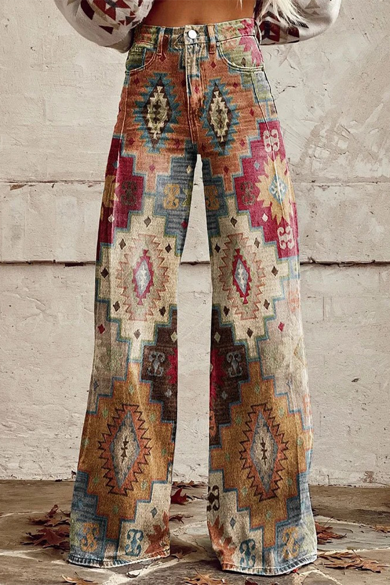 Pantalón de pierna ancha con estampado geométrico, animal y floral, botones y contraste de color, informal, holgado y de talle alto (10 colores)