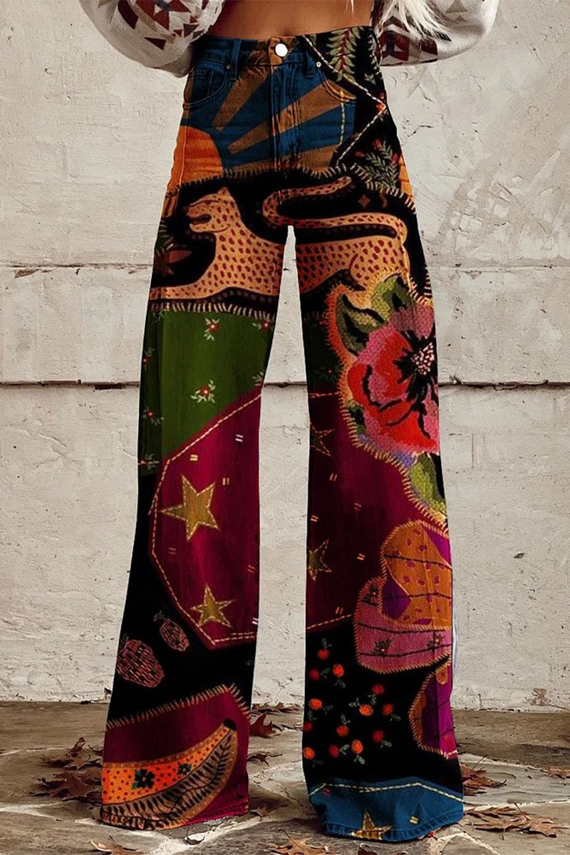 Pantalón de pierna ancha con estampado geométrico, animal y floral, botones y contraste de color, informal, holgado y de talle alto (10 colores)