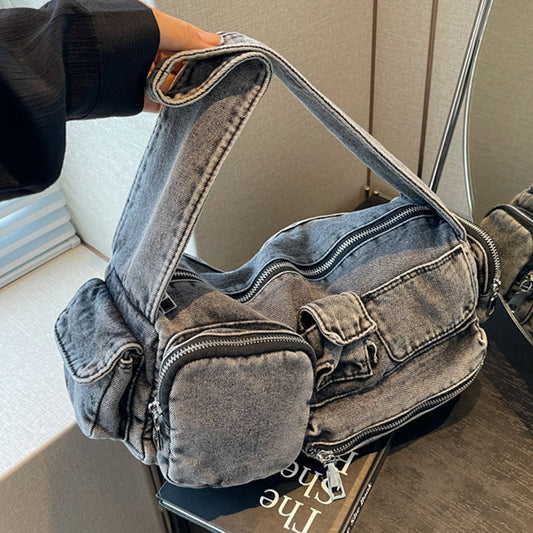 Bolsos casuales de cremallera con parches de bolsillo de color liso