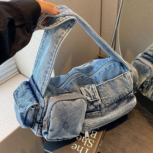 Bolsos casuales de cremallera con parches de bolsillo de color liso