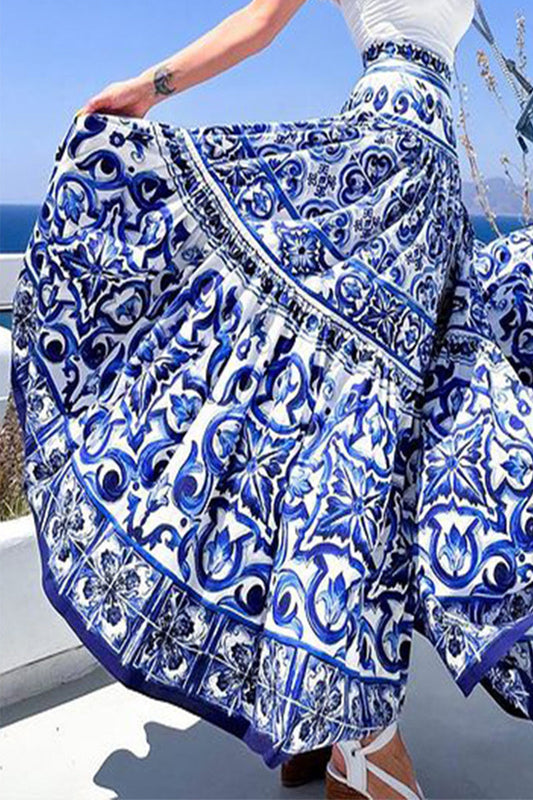 Pantalón Estampado Geométrico Elegante Suelto de Cintura Alta Tipo A con Estampado Completo