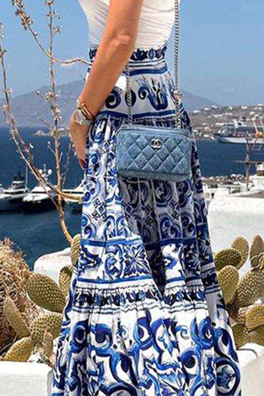 Pantalón Estampado Geométrico Elegante Suelto de Cintura Alta Tipo A con Estampado Completo