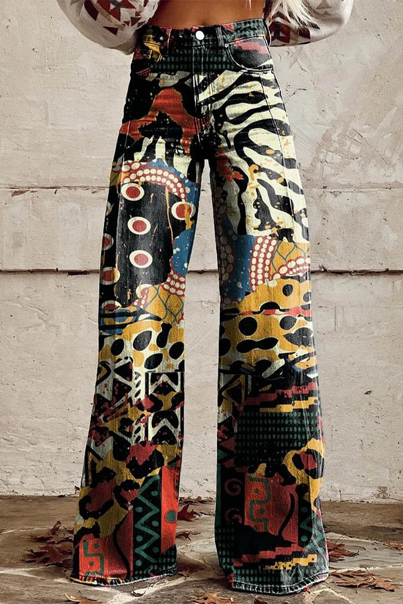 Pantalón de pierna ancha con estampado geométrico, animal y floral, botones y contraste de color, informal, holgado y de talle alto (10 colores)