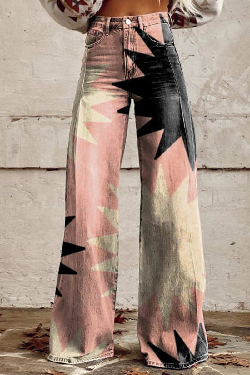 Pantalón de pierna ancha con estampado geométrico, animal y floral, botones y contraste de color, informal, holgado y de talle alto (10 colores)