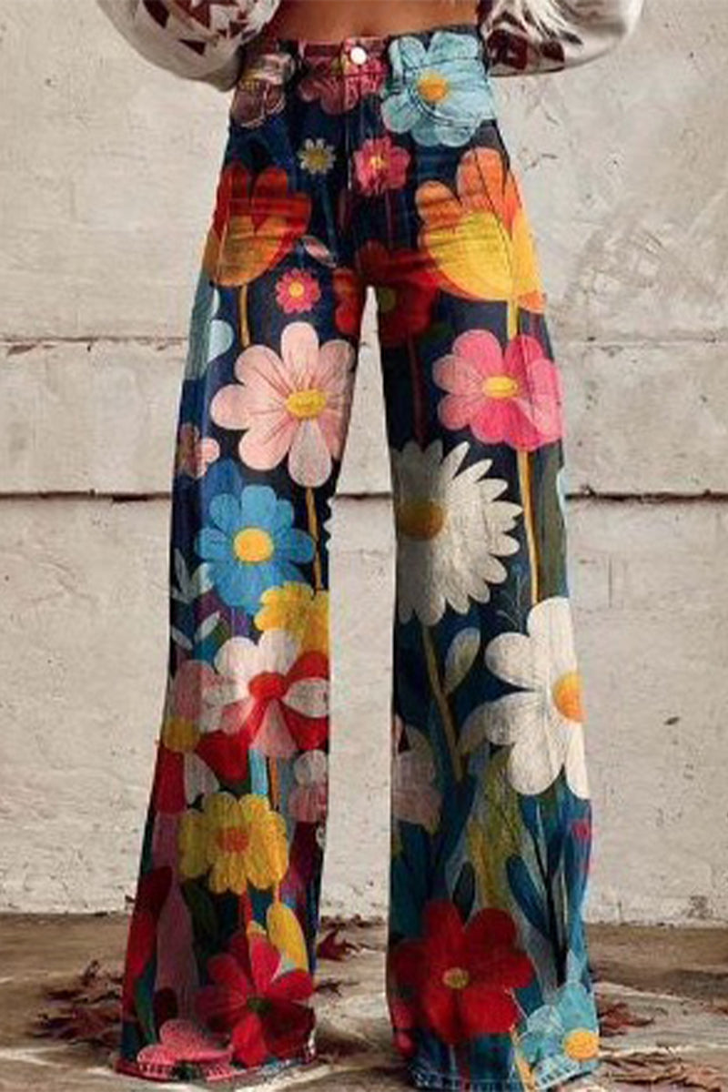 Pantalón de pierna ancha con estampado geométrico, animal y floral, botones y contraste de color, informal, holgado y de talle alto (10 colores)