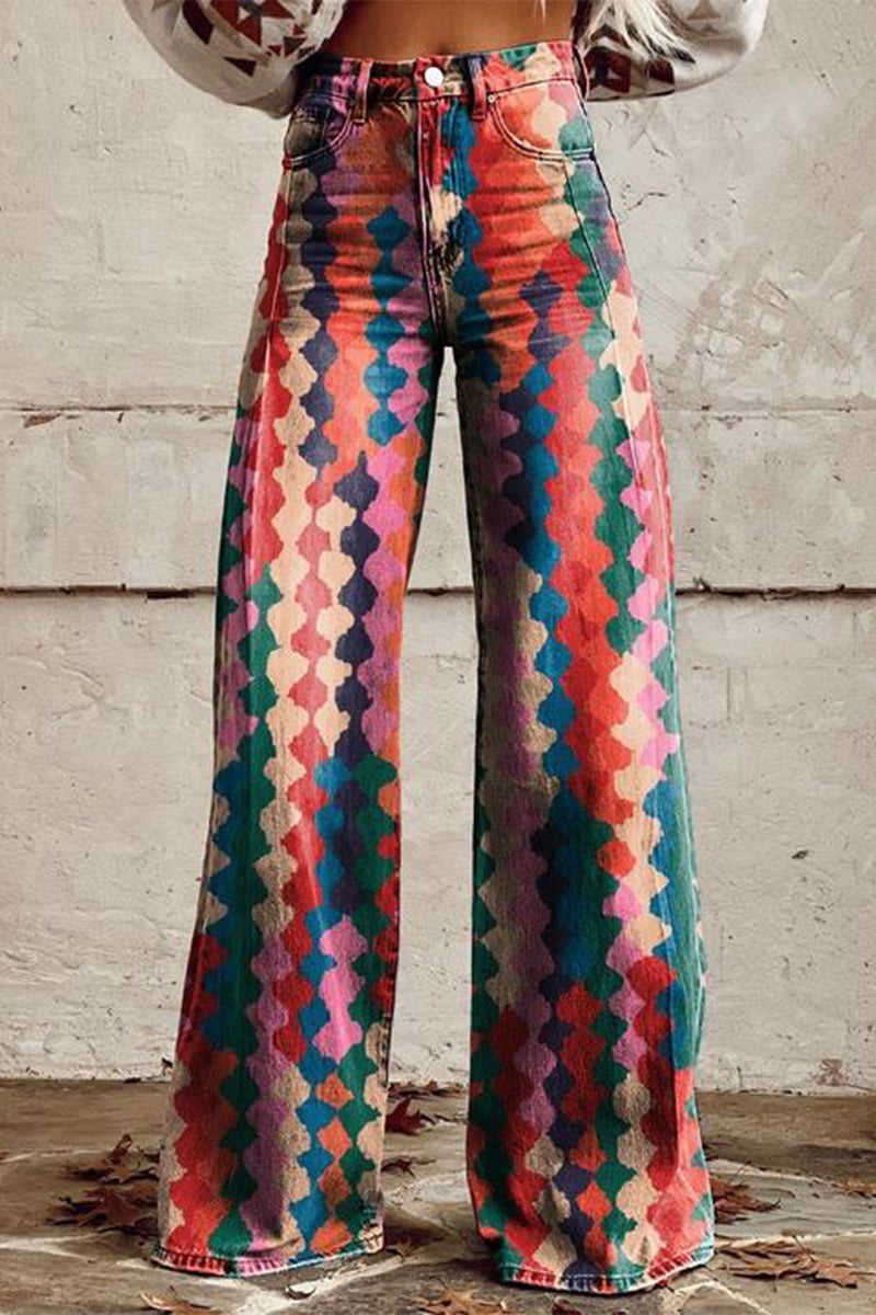 Pantalón de pierna ancha con estampado geométrico, animal y floral, botones y contraste de color, informal, holgado y de talle alto (10 colores)