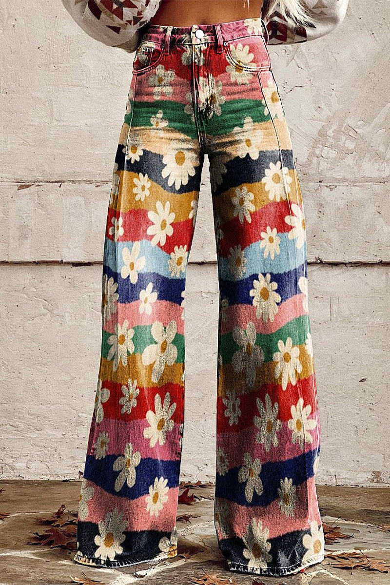 Pantalón de pierna ancha con estampado geométrico, animal y floral, botones y contraste de color, informal, holgado y de talle alto (10 colores)
