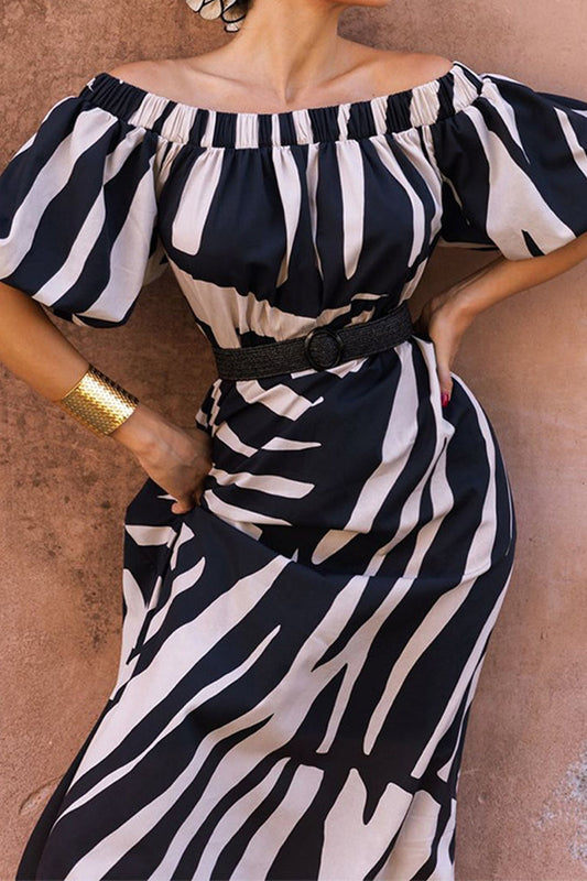 Vestidos de rayas con estampado callejero sexis sin cinturón y hombros descubiertos con contraste en línea A (sin cinturón)