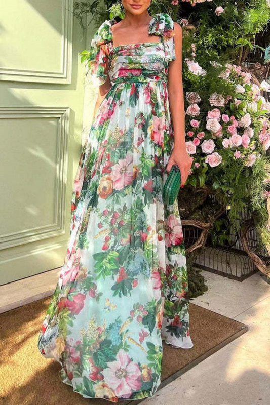 Vestidos largos casuales con cuello cuadrado, cinturón, espalda descubierta y estampado floral