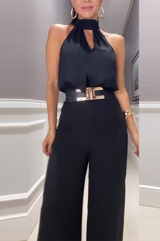 Sexy Traje de Dos Piezas Sin Mangas con Cuello Halter y Color Sólido (Sin Cinturón) (3 Colores)