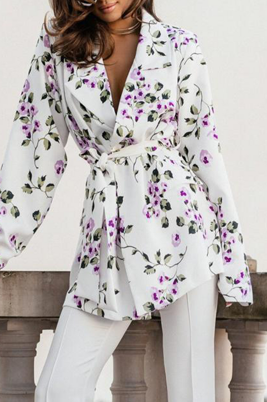 Abrigo informal con estampado de flores, leopardo, retales y cuello vuelto con cinturón