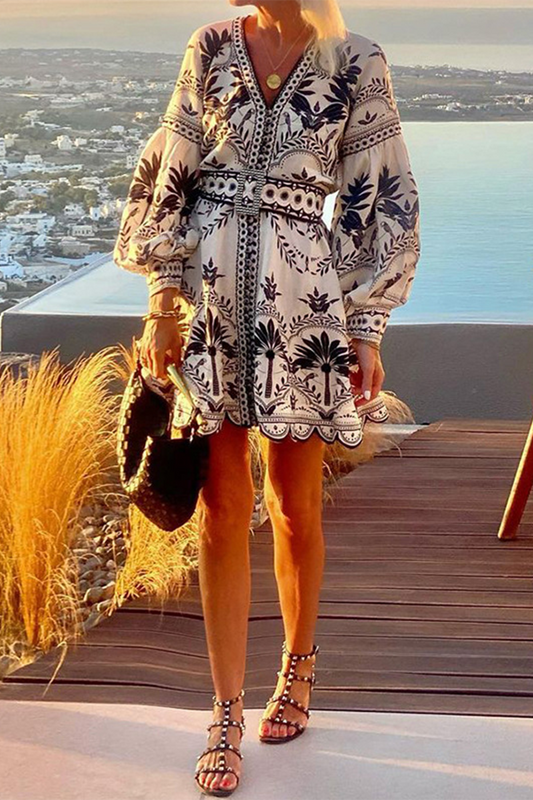 Vestidos con cuello en V de línea A, estampado floral casual con retazos y cinturón