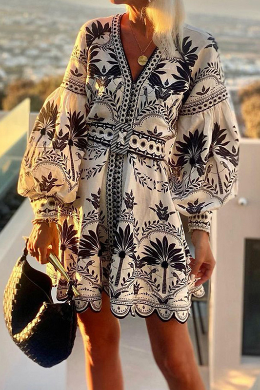 Vestidos con cuello en V de línea A, estampado floral casual con retazos y cinturón