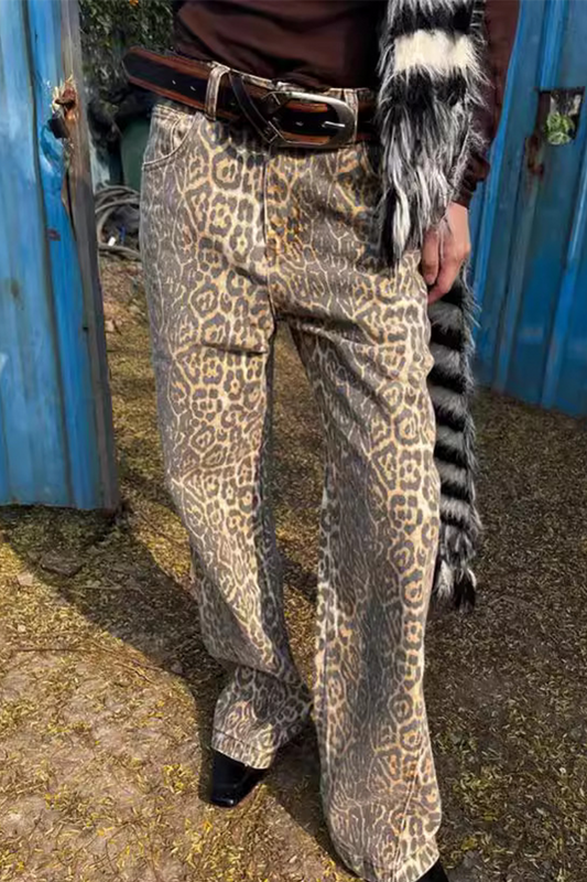 Pantalón Casual de Leopardo Estampado Completo con Bolsillos y Retazos Suelto de Cintura Alta Recto (Sin Cinturón)