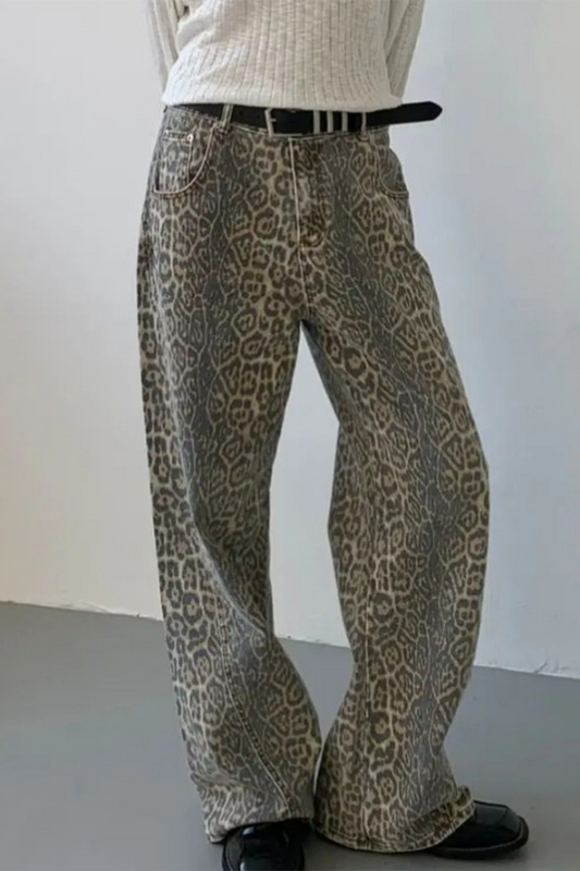 Pantalón Casual de Leopardo Estampado Completo con Bolsillos y Retazos Suelto de Cintura Alta Recto (Sin Cinturón)