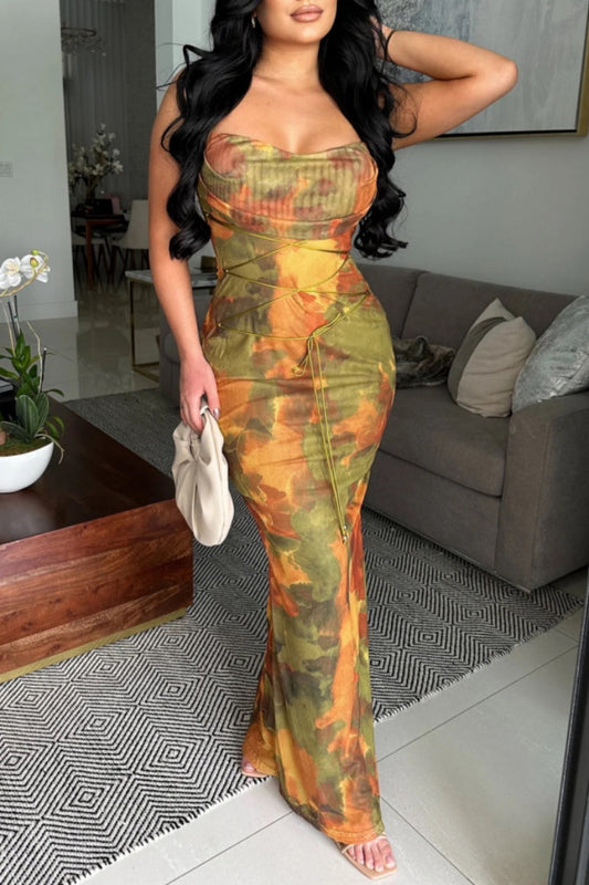 Vestidos largos sexis con estampado, sin espalda, con cinturón y tirantes finos