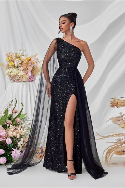 Sequin Mesh Panel Evening Party Dress
