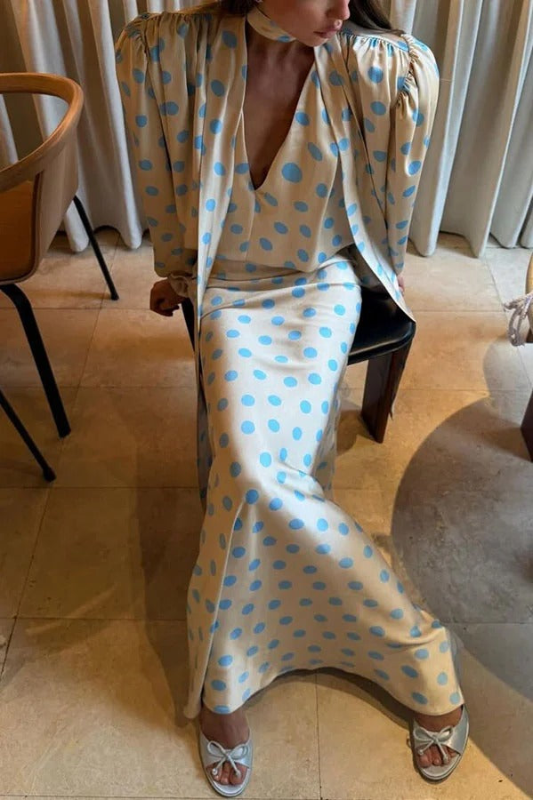 Vayla Satin Colorblock Polka Dot Print Tie-up Neck Balloon Sleeve Loose Blouse