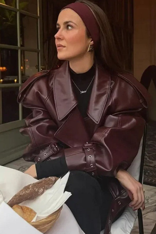 Retro Notch Lapel Vegan Leather Coat