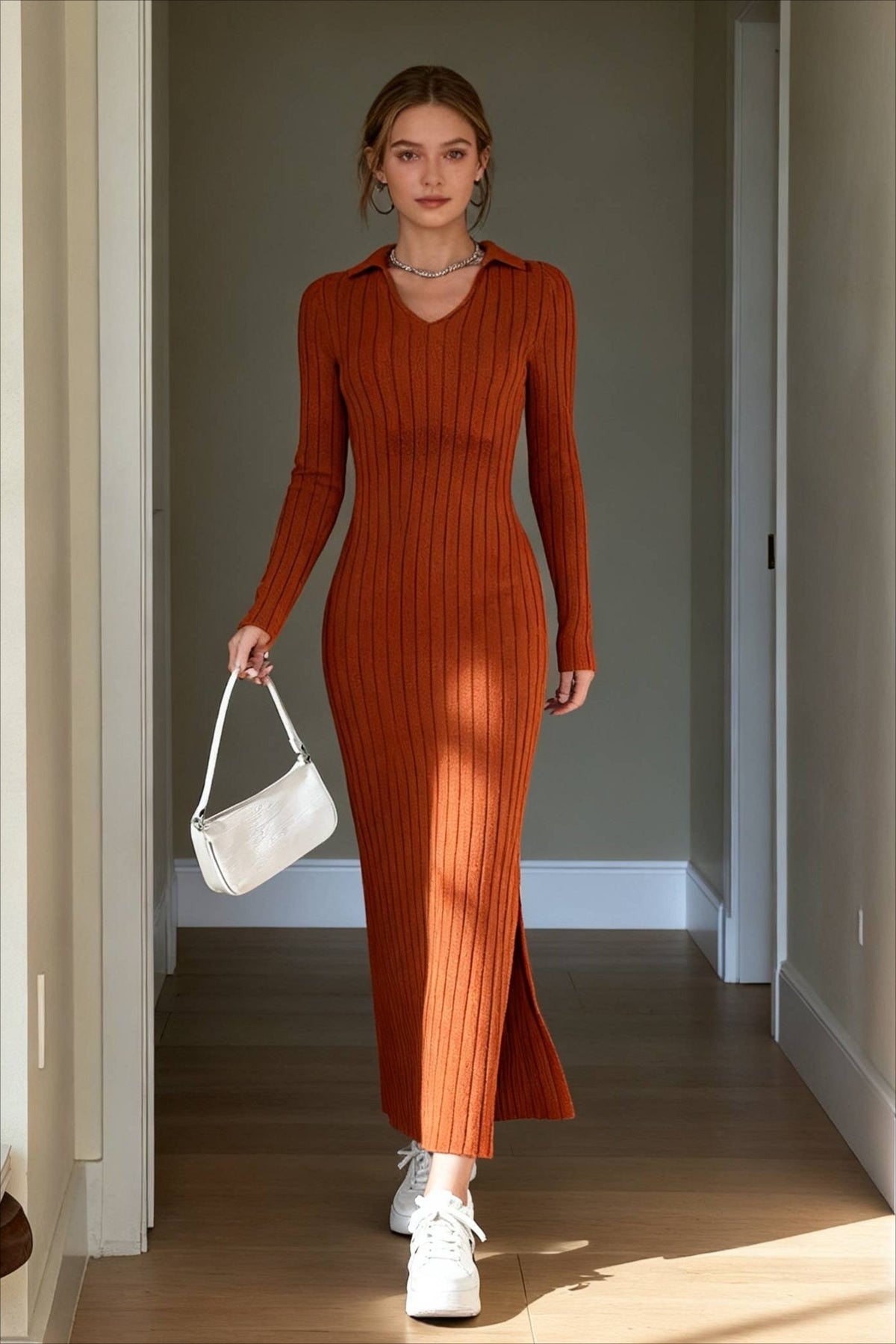 Solid Ribbed Knit Split Thigh Dress