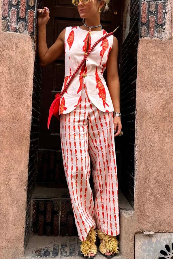 Good Luck Linen Blend Koi Pattern Metal Buttons Waisted Vest