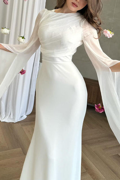Satin Ruched High Neck Bell Sleeve Slit Mermaid Maxi Gown