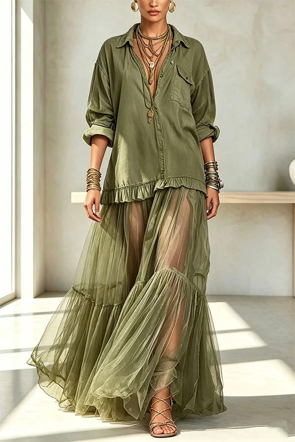 Retro-style Faux Denim Long Sleeve Pocket Tulle Hem Shirt Maxi Dress