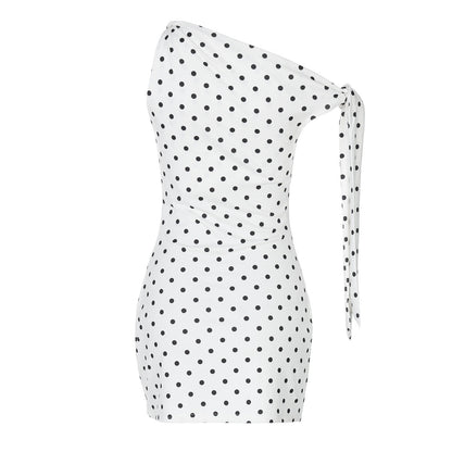 Polka Dot One Shoulder Tie Strap Ruched Bodycon Mini Dress
