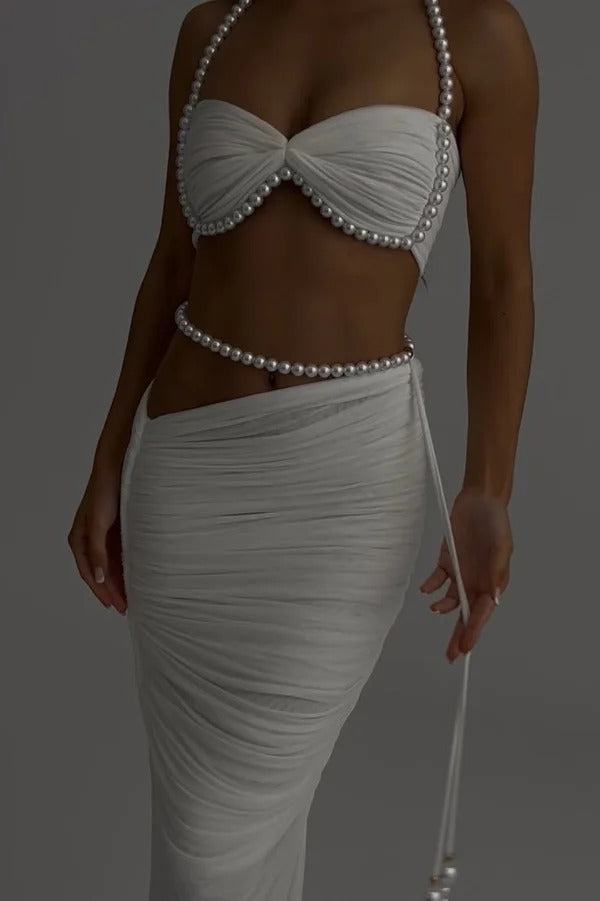 Imalia Stretch Mesh Pearl Trim Gathered Tank and Detachable Belt Vacation Maxi Skirt Set
