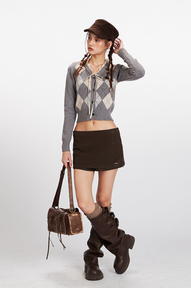 Argyle Cropped V Neck Cardigan