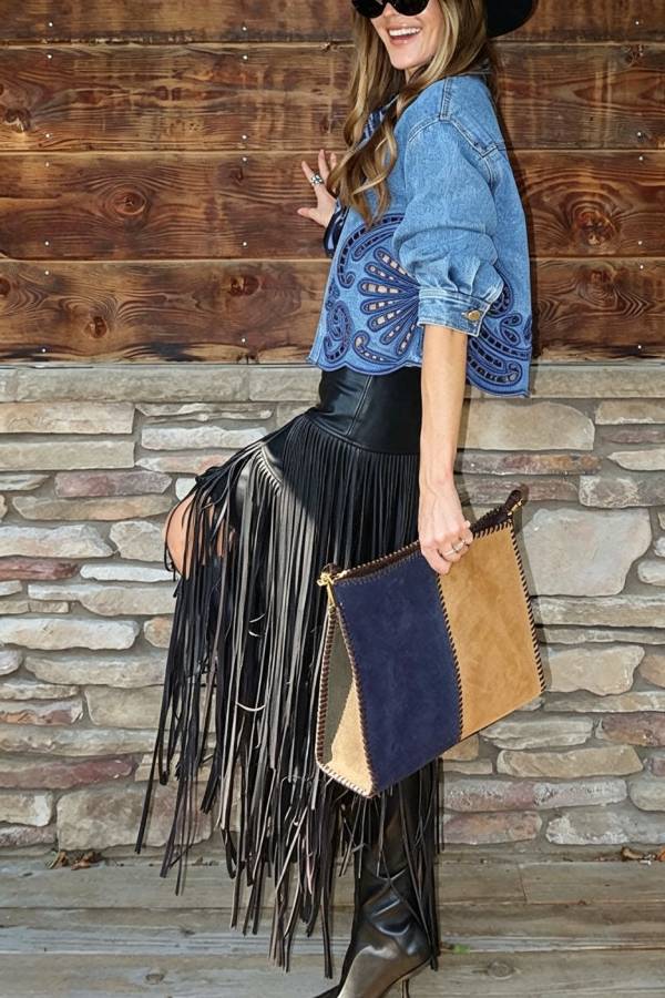 Evie Faux Leather High Rise Three-layer Tassels Stretch Maxi Skirt