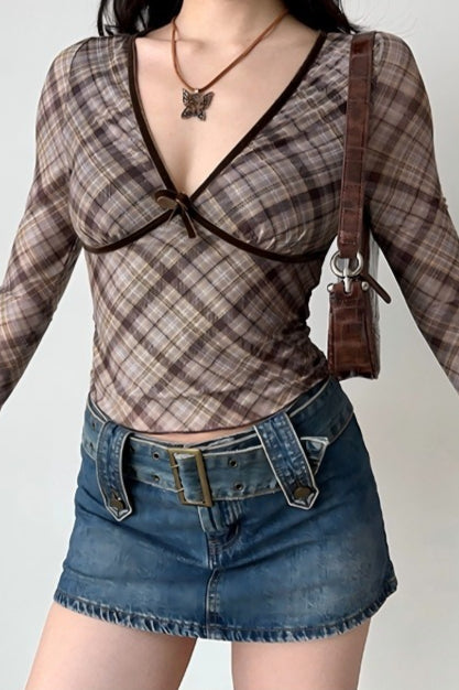 Deep V Neck Plaid Bodycon Cropped Long Sleeve Tee