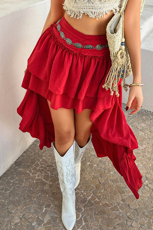 Solid Color High Rise High-low Tiered Skirt