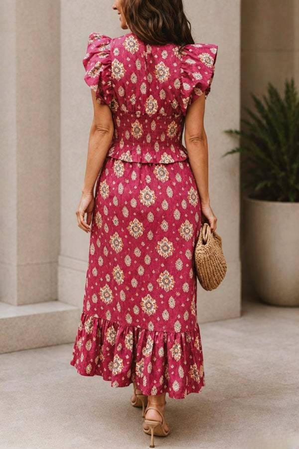 Emilia Unique Print Flutter Sleeve Smocked Top and Elastic Waist Maxi Skirt Set