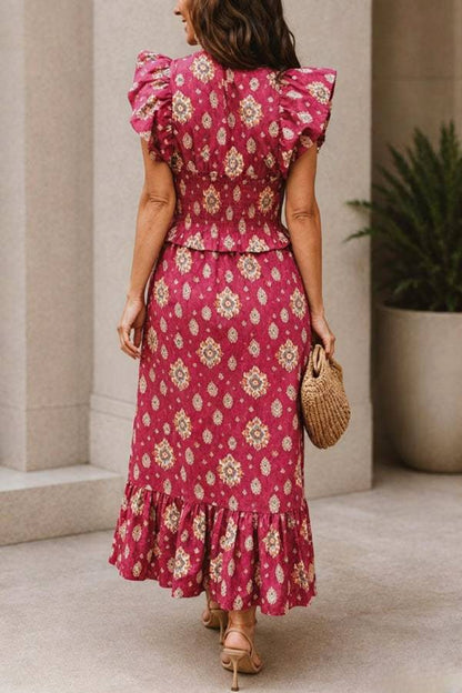 Emilia Unique Print Flutter Sleeve Smocked Top and Elastic Waist Maxi Skirt Set