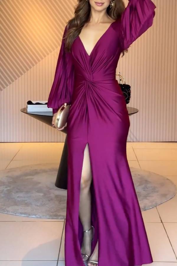 Satin Deep V Bubble Sleeve Slit Mermaid Evening Gown