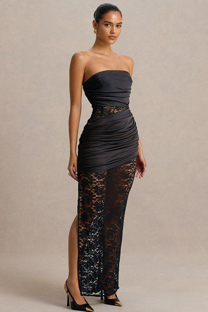 Strapless Sheer Lace High Slit Backless Maxi Lace Dress