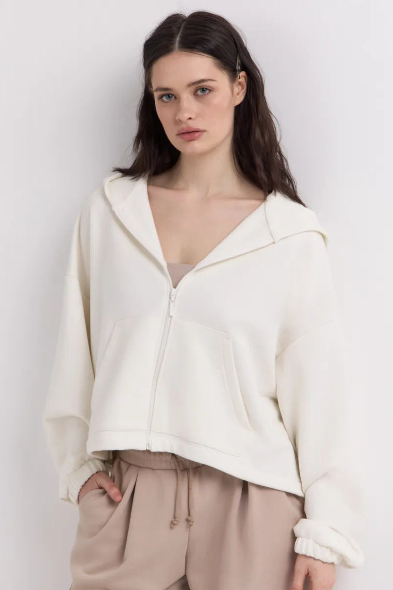 Cropped Fleece Zip Adjustable Waist Hoodie