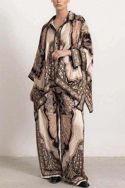 Julia Paisley Print Batwing Sleeve Irregular Hem Blouse and Elastic Waist Pocket Loose Pants Set