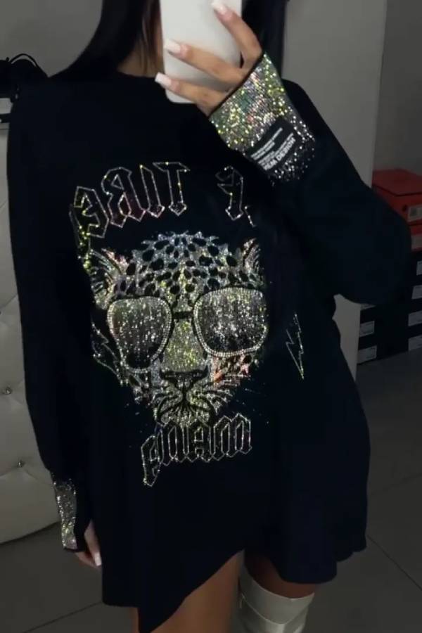 Women's Round-neck Leopard Print Rhinestone Casual Top