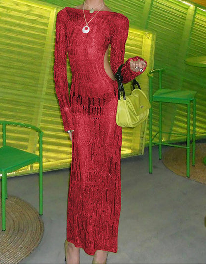 Knit Open Weave Mock Neck Long Sleeve Side Cut Out Bodycon Maxi Dress