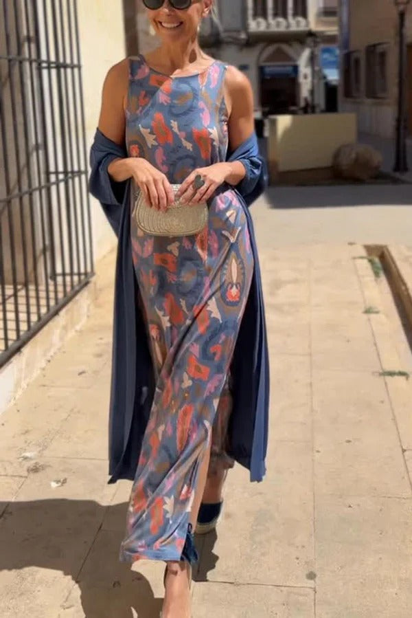 Riviera Unique Print Slit Tank Midi Dress and Satin Kimono Cover-up Two Pieces Set