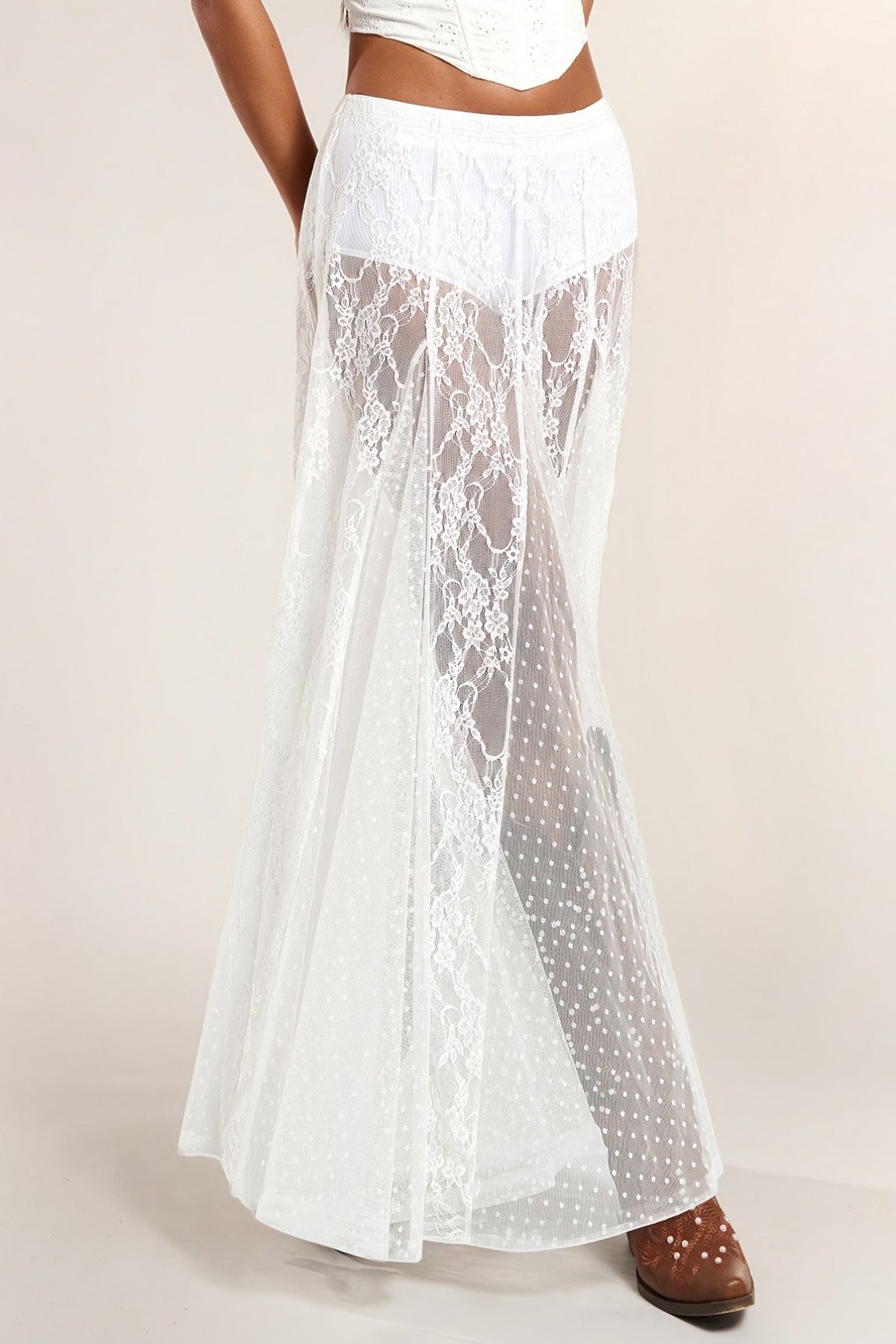 Lace Print Sheer Low Waist Maxi Boho Skirt