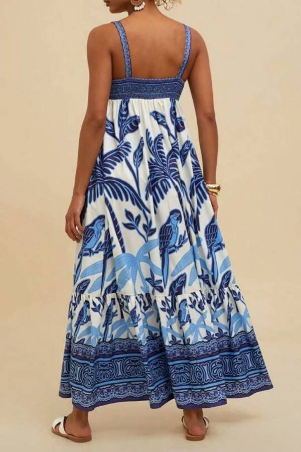 Tropical Print Square-Neck Cami Maxi Dress