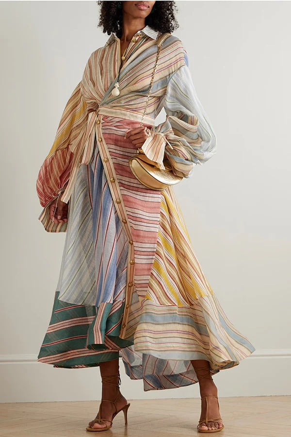 Rainbow Linen Blend Patchwork Striped Button Balloon Sleeve Wrap Shirt Midi Dress