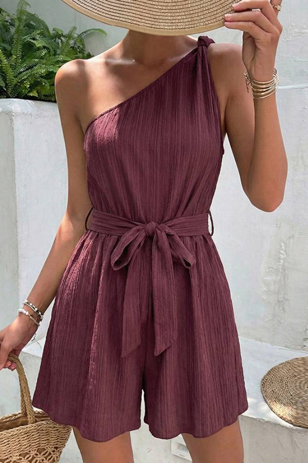One-Shoulder Tie-Waist Textured Romper