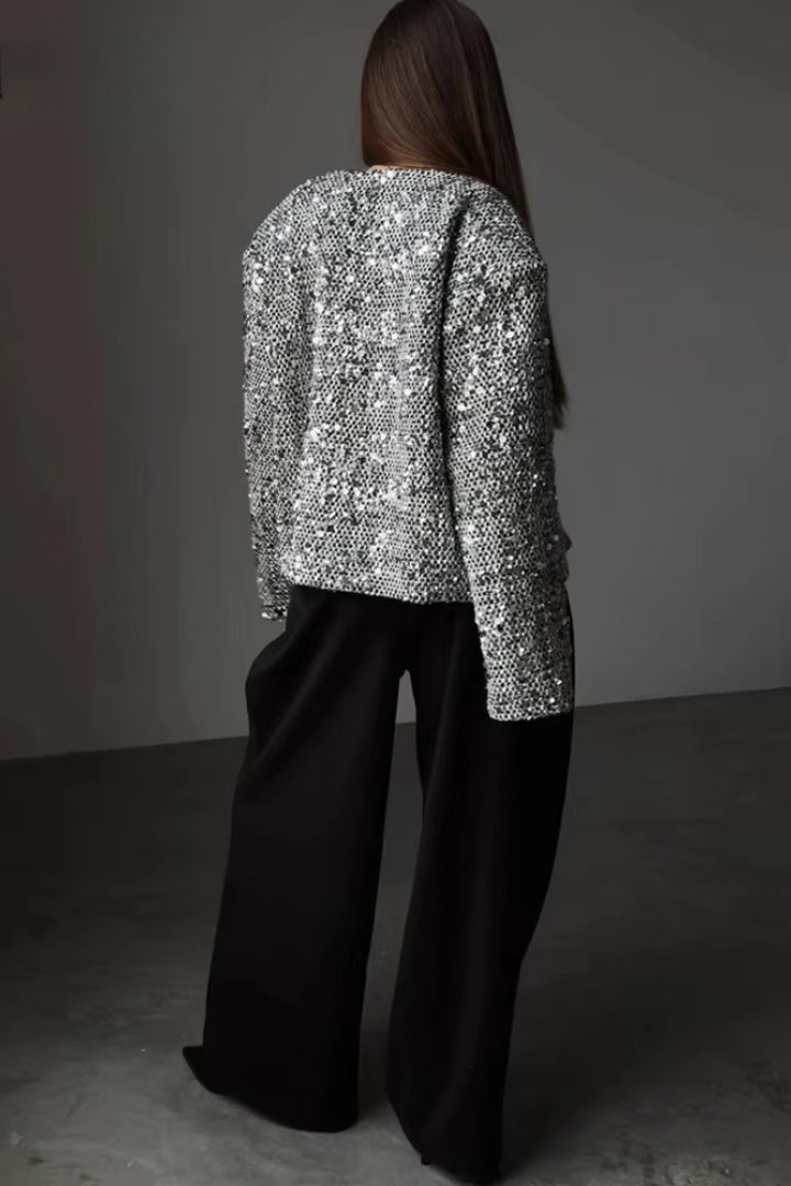 Solid Crew Neck Sequin Tweed Jacket