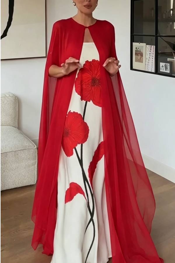 Elisabeth Floral Print Strapless Maxi Dress and Georgette Long Cape Two Pieces Set